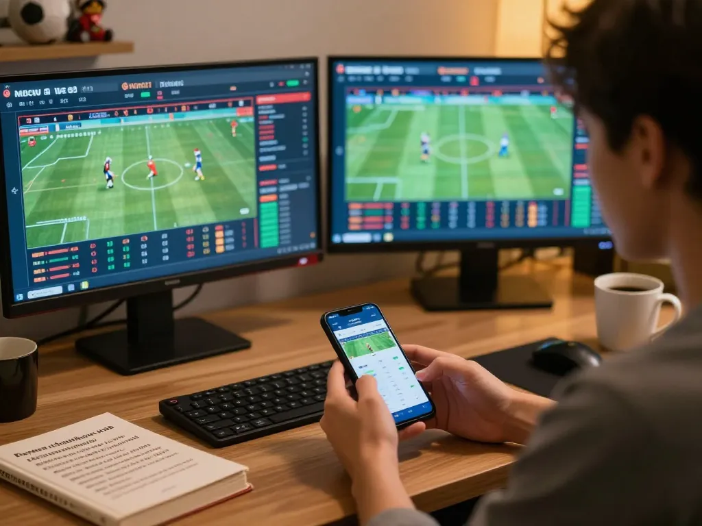 Betting on sports through the uu88 app while analyzing statistics and strategies from a desk setup.