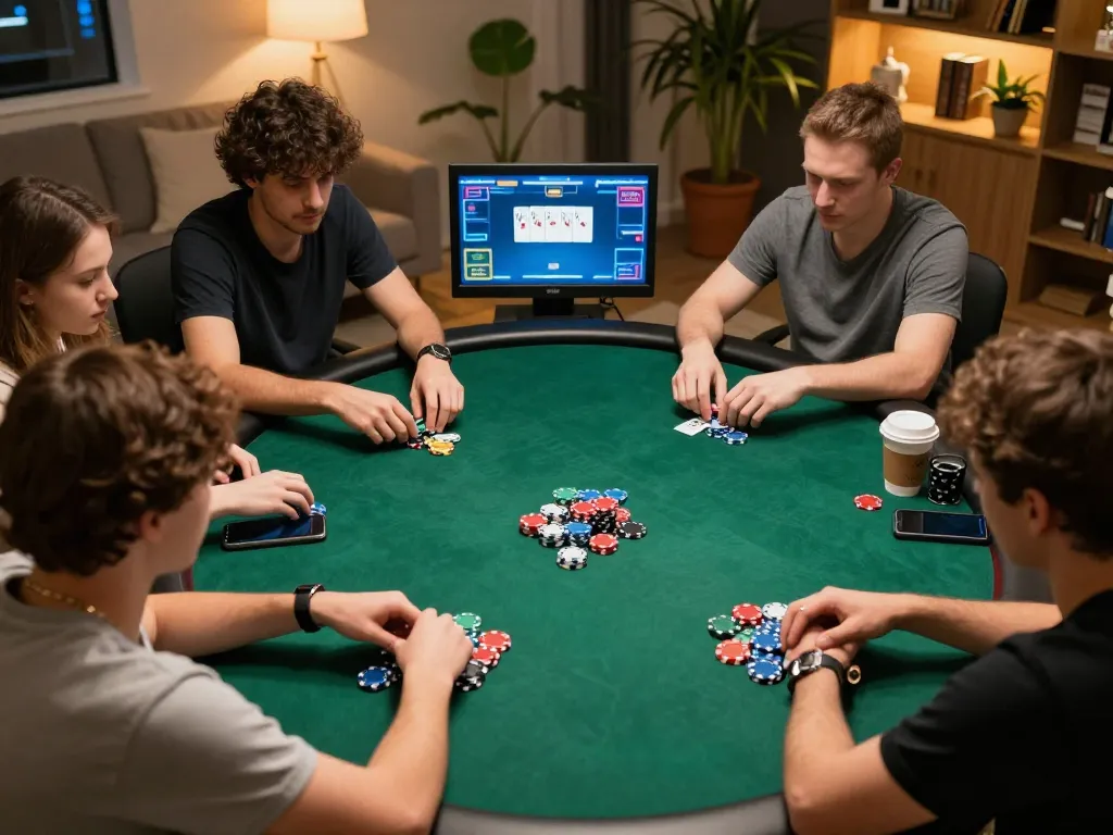 Players actively strategizing during an online poker game at bl555 com with colorful chips and cards visible