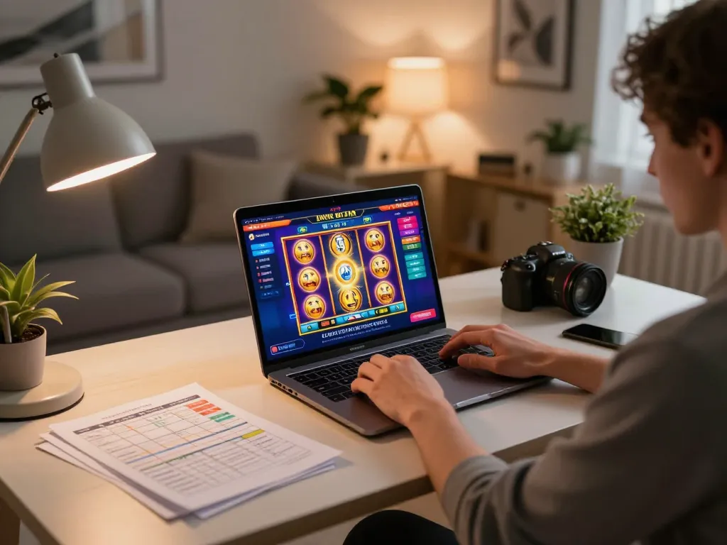 Player engaging with 58wiin online casino on laptop, showcasing vibrant slot game interface.