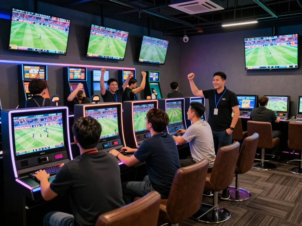 Engaged bettors at a vibrant sports betting lounge placing wagers with excitement at nhà cái uy tín.