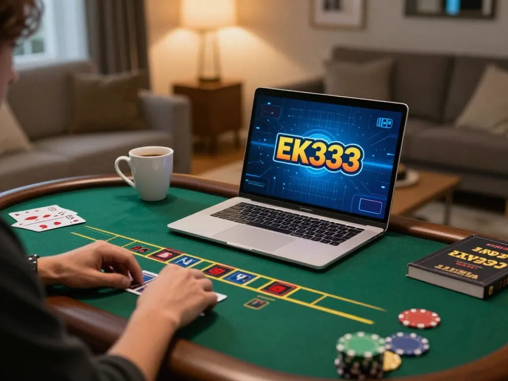 Player enjoying an EK333 live dealer blackjack game on a cozy home setup.