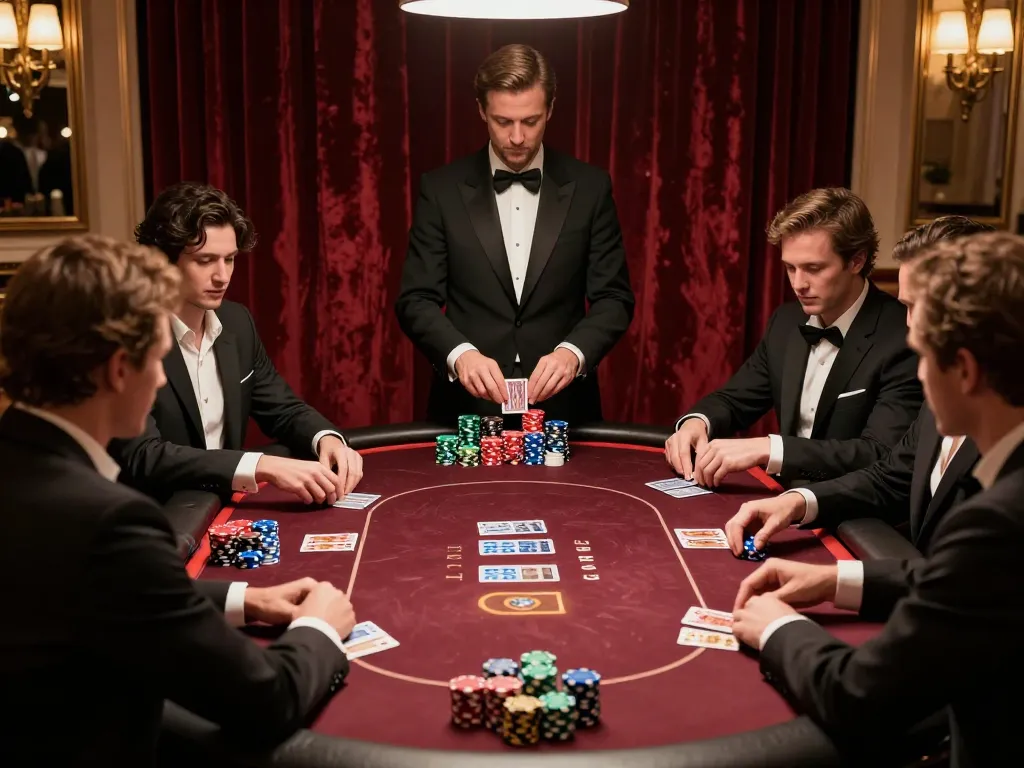 Players strategizing during a high-stakes poker game at an upscale LV88 casino.