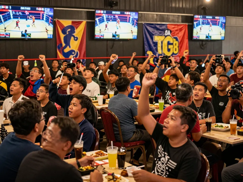 Experience the excitement of Đá gà TG88 with a live crowd cheering passionately in vibrant gambling venue.
