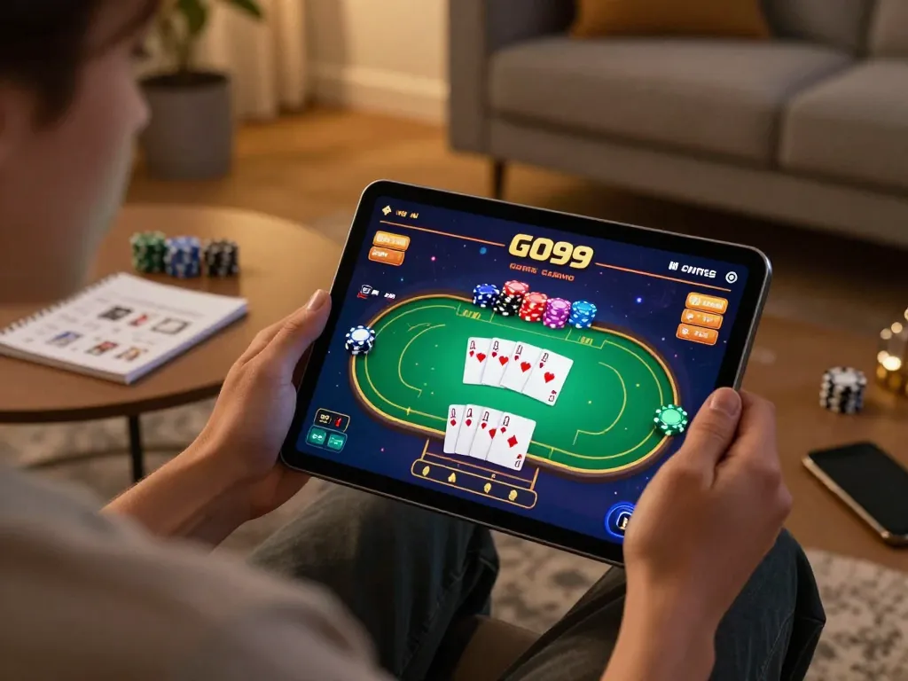Engaging with the GO99 casino app on a tablet in a cozy setting while strategizing bets.