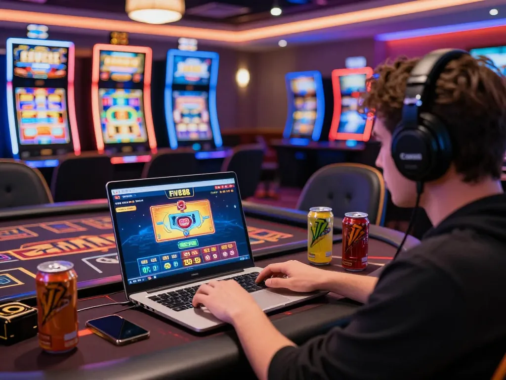Player enjoying Five88 online gaming on a vibrant casino-themed laptop setup.