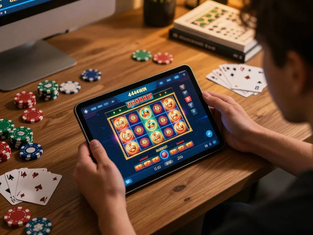 Engaging moment of a player interacting with the 4444WIN plataforma on a tablet, showcasing vibrant casino action and strategy involvement.