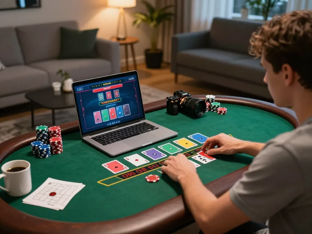 hm88 player enjoying live blackjack session at home, highlighting strategic gameplay and relaxed atmosphere.