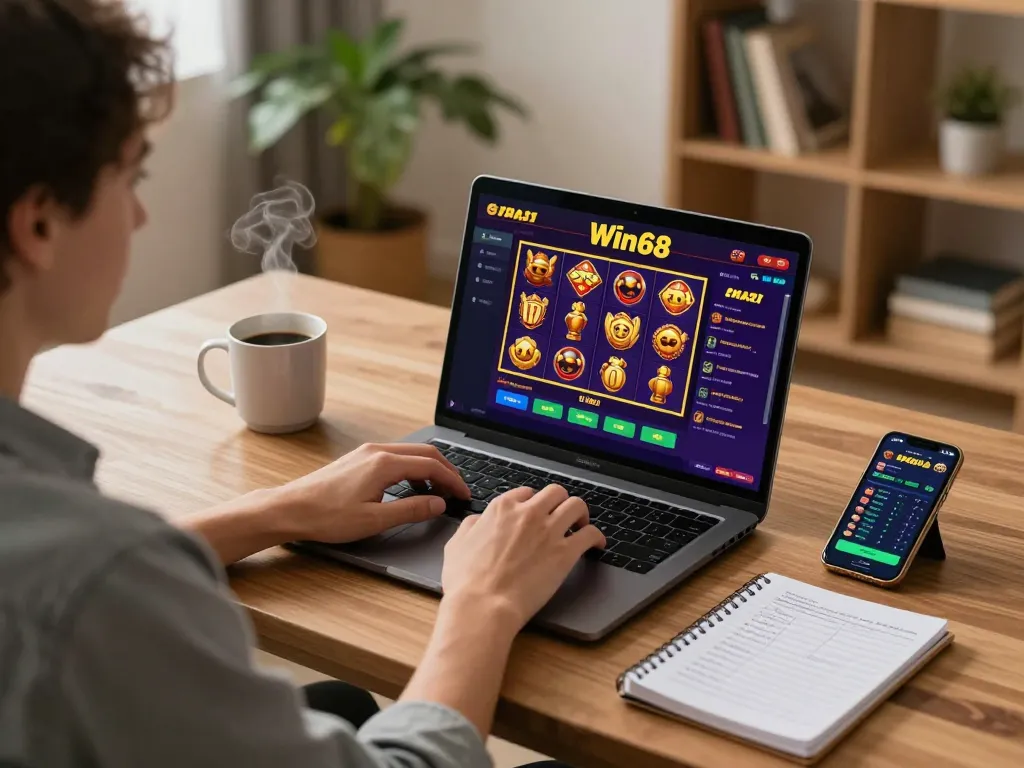 Engaging user experience with win68 online casino gaming setup showcasing vibrant slot graphics and cozy atmosphere.