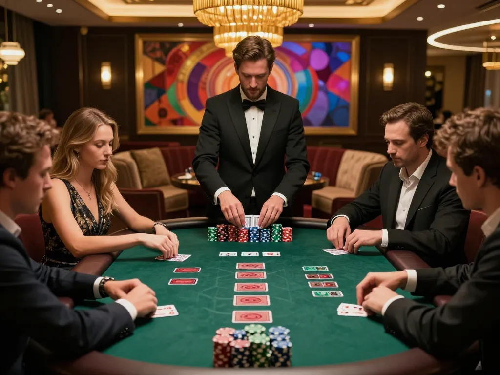 luck8 blackjack table in upscale casino with players strategizing and dealer handling cards