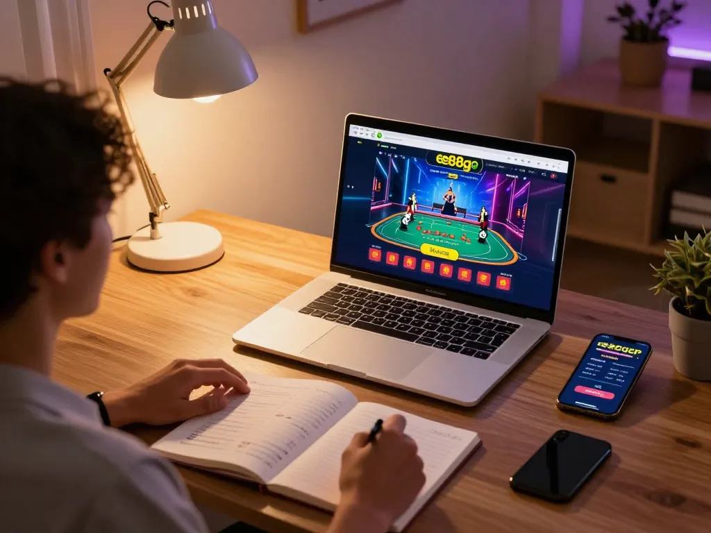 Person enjoying online gaming on ee88go platform with laptop and smartphone in a cozy setting.