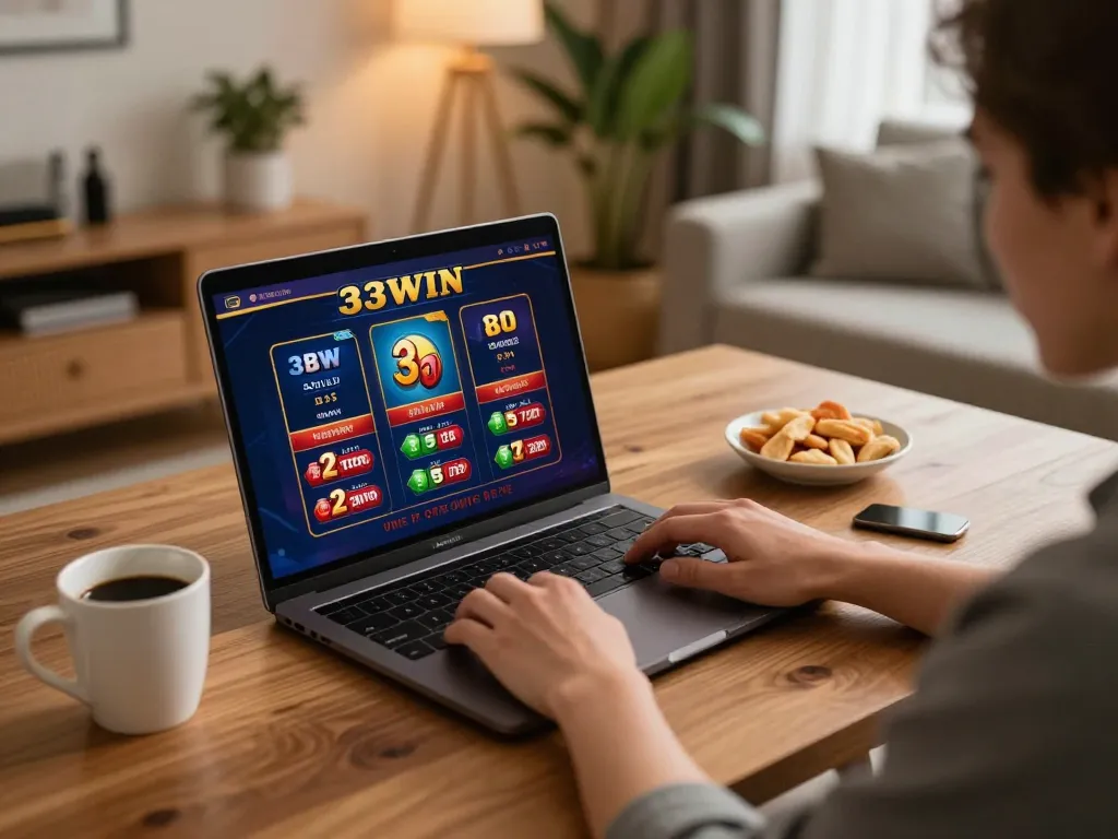 Engaging in online gaming with 33WIN, showcasing a cozy home setup with strategic gameplay.