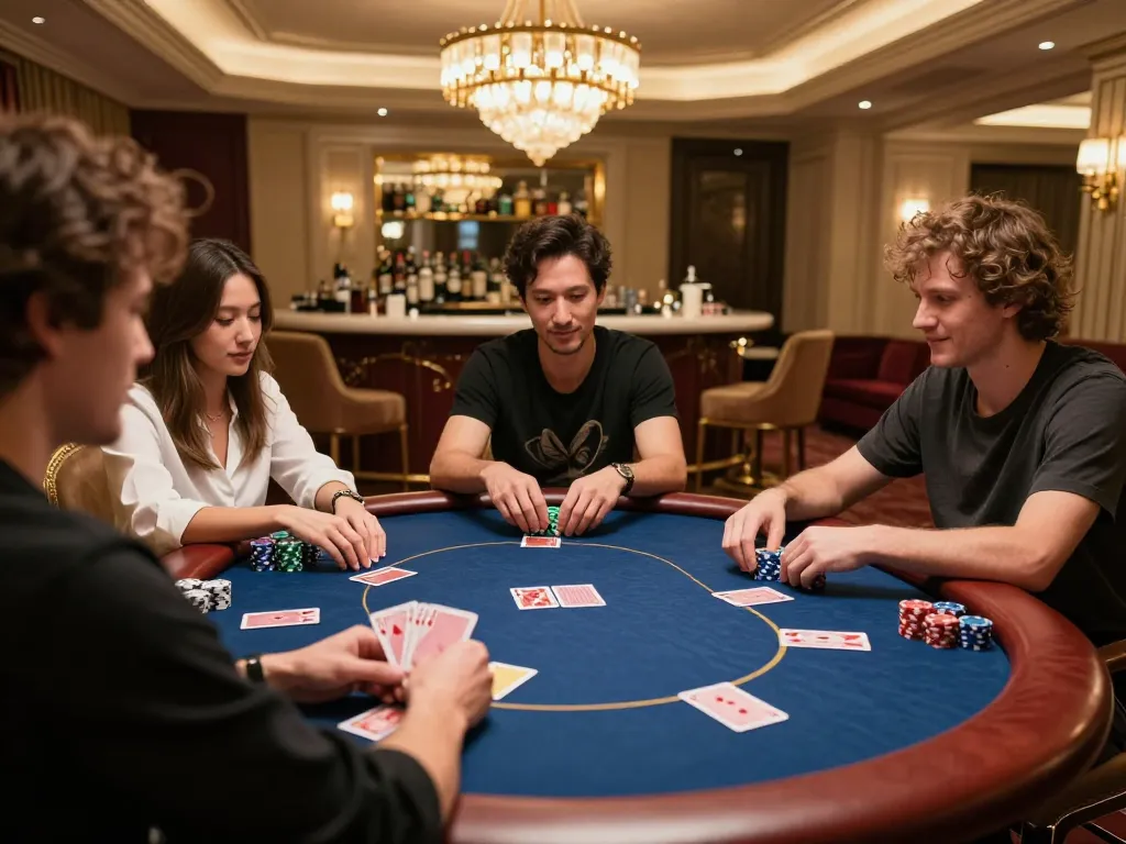 Dwin poker players strategizing during a high-stakes game in a luxurious setting.