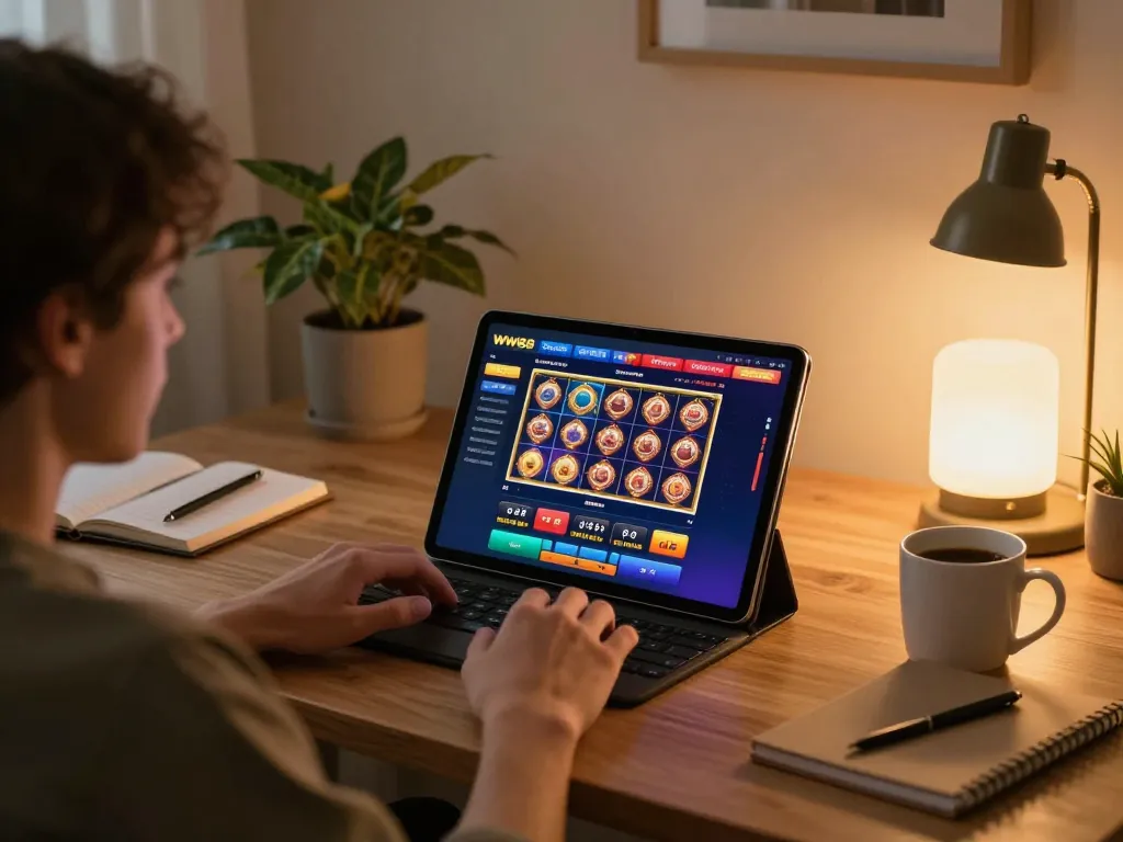 Engaged player exploring slot games on WW88 tablet in a cozy home setting