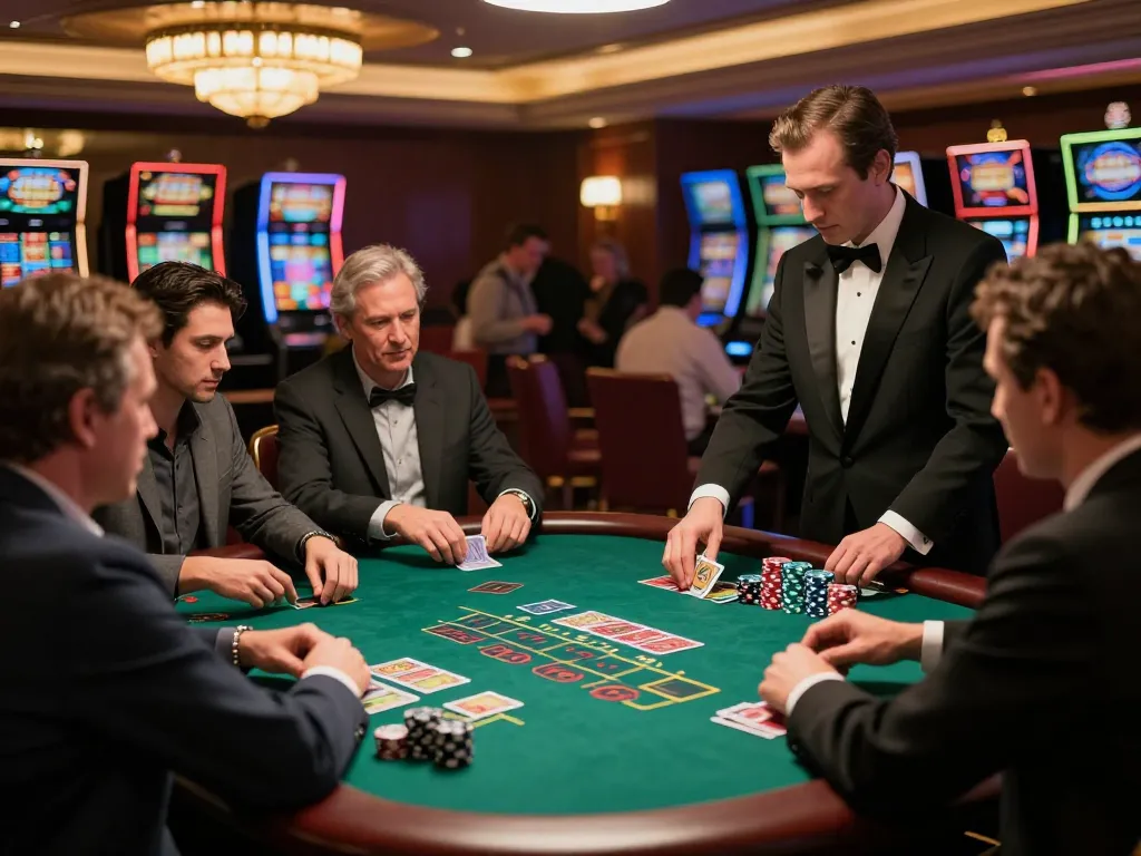 Players engaging in blackjack at fly88 casino, showcasing strategic betting and intense expressions