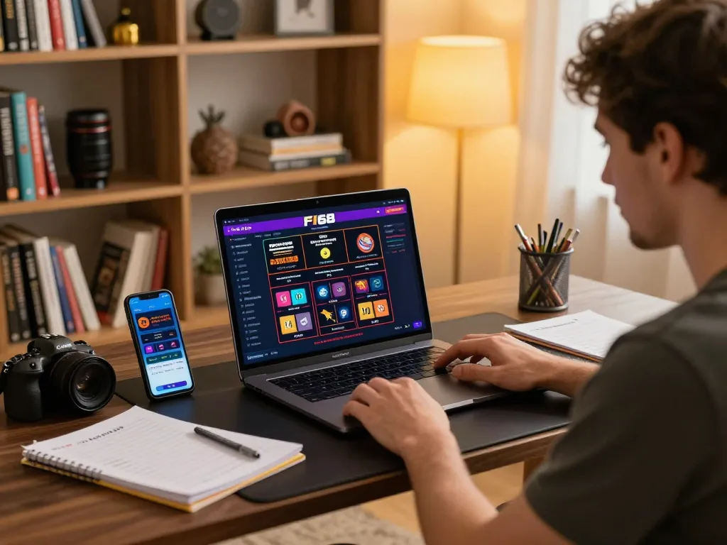 Engaging in online gambling on F168 platform with a laptop and smartphone in a cozy home setting.