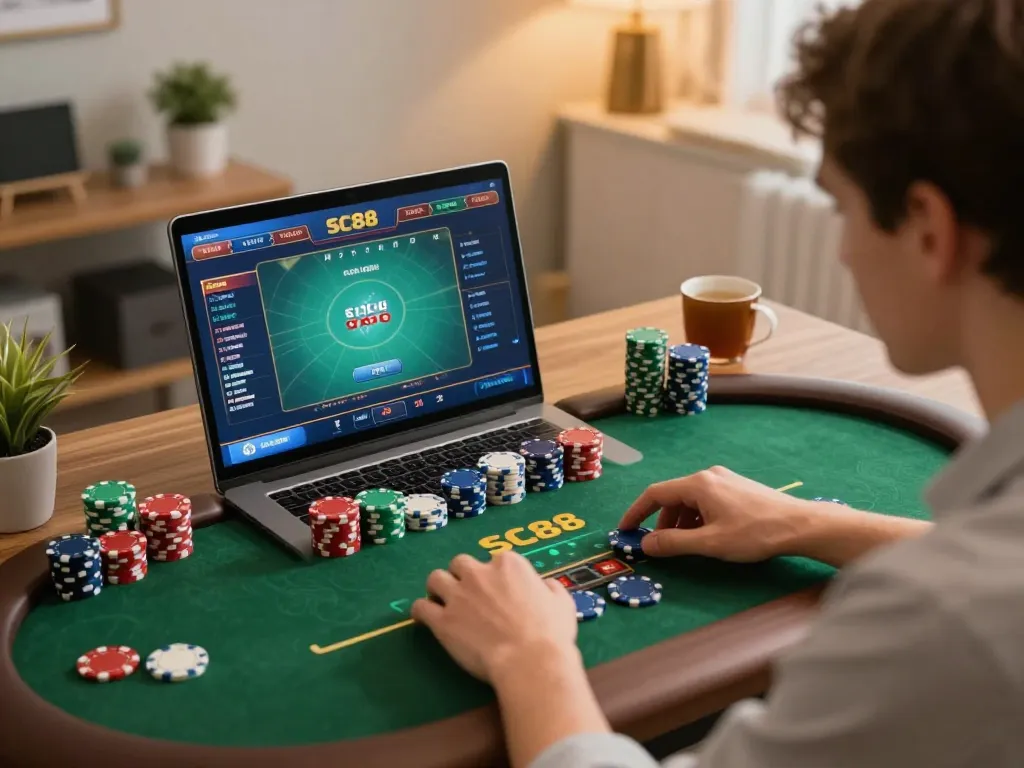Player engaged in SC88 online poker game, showcasing strategic moves and excitement in a cozy home environment.