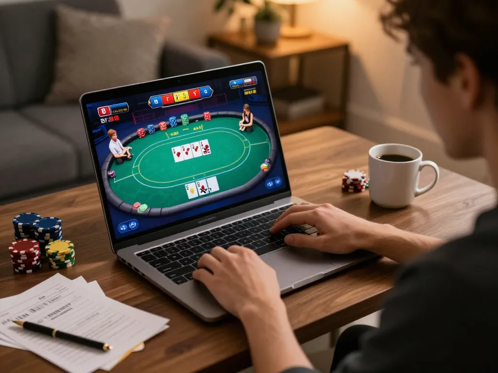 Engaging online poker game on a laptop at hytw3339 com in a cozy home setting