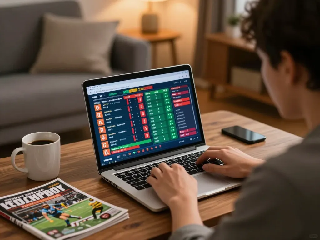 Engaging with sports betting on nhà cái HM88 while analyzing odds in a cozy home environment.