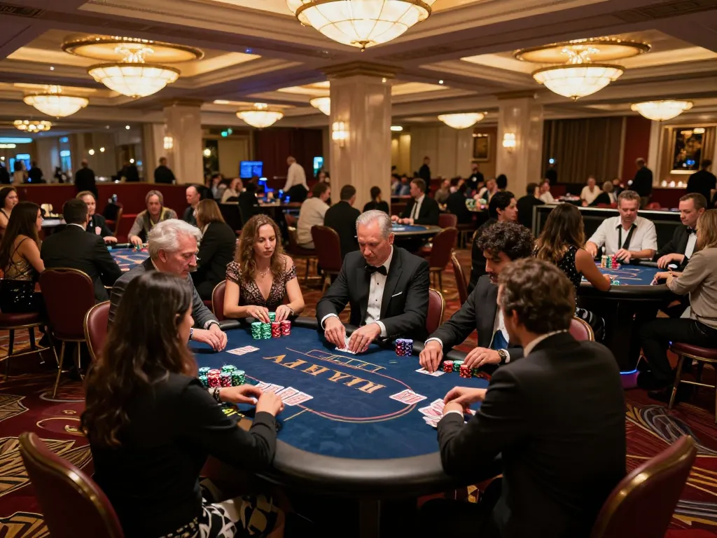Players strategizing their next move at Sunwingo poker tables in a vibrant casino.