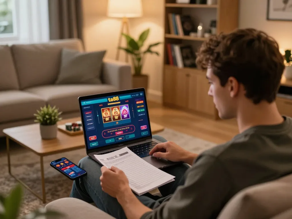 Engaging in strategic gameplay on ta88 gaming interface in a cozy home environment.