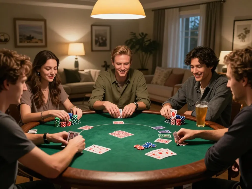 Friends enjoying a lively poker game at home, highlighting the social interaction of gambling on trang chủ fly88.