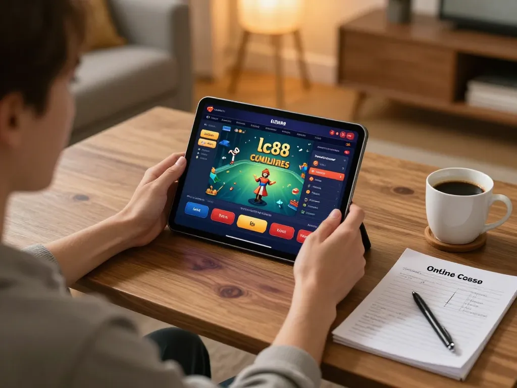 Engaging with lc88 online casino interface on a tablet in a cozy home setup, highlighting responsible gaming.