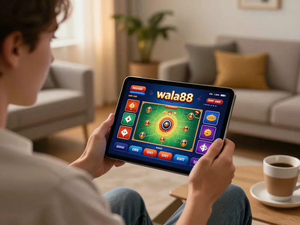 Engaging with wala88 live dealer games on a tablet in a cozy home setting, showcasing the excitement of online gambling.