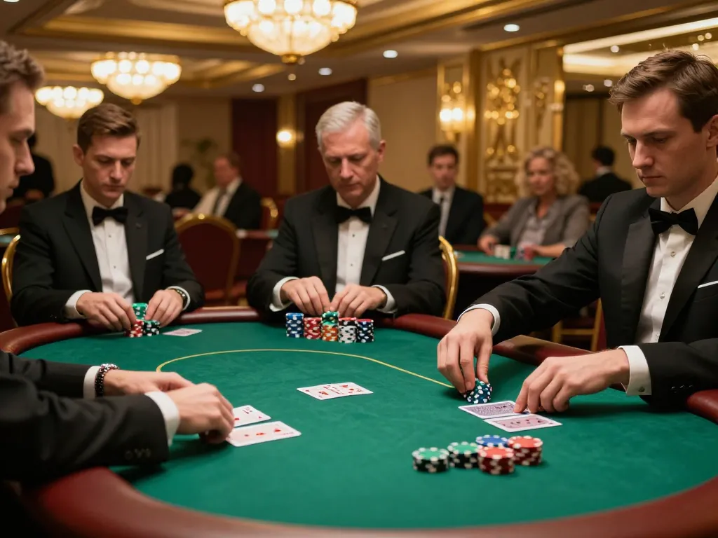 Players engaging in strategic play at a luxury F8BET poker table with focused expressions.