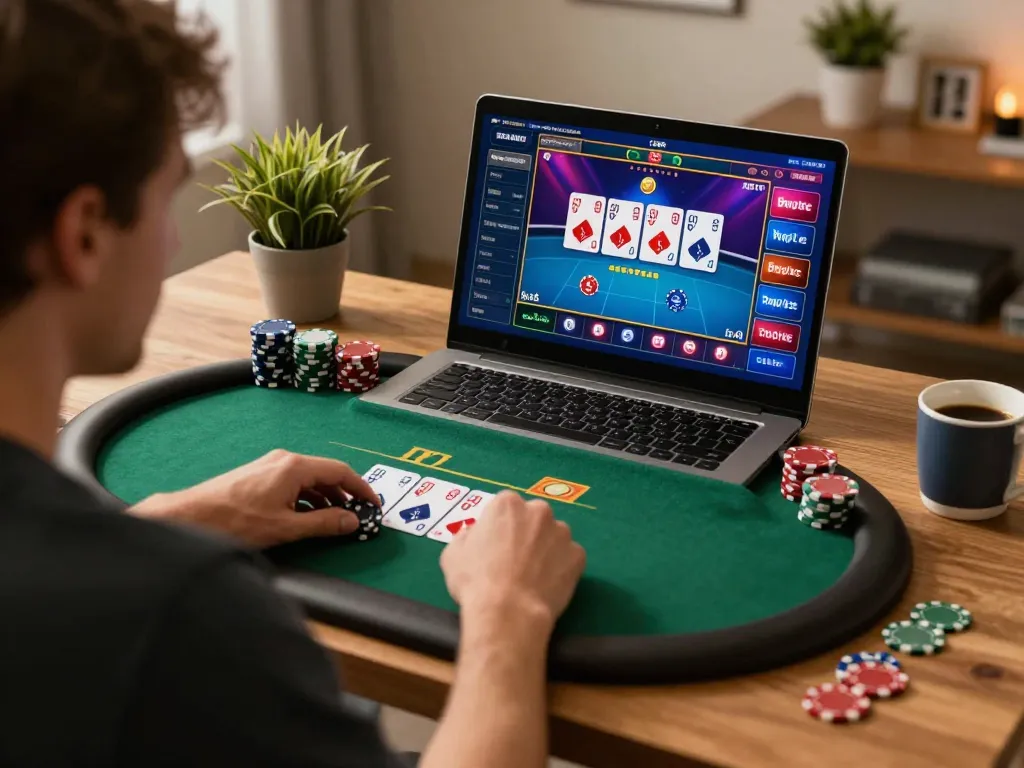 Player engaging in online poker at Fly88, showcasing an exciting gaming experience with strategy in focus