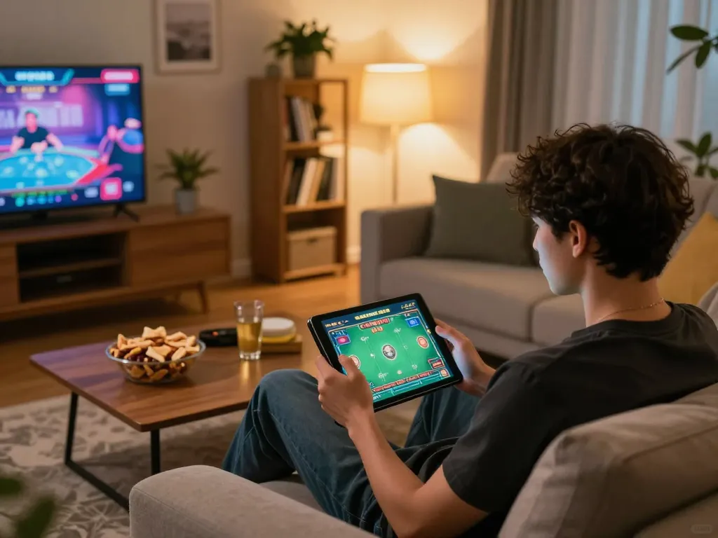 Engaging in tai xiu online gaming session at home with a tablet interface and snacks.