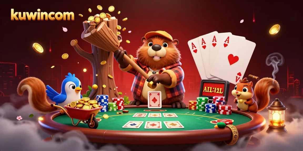 Engaging kuwincom casino scene featuring a beaver collecting coins amidst poker chips and acorns.