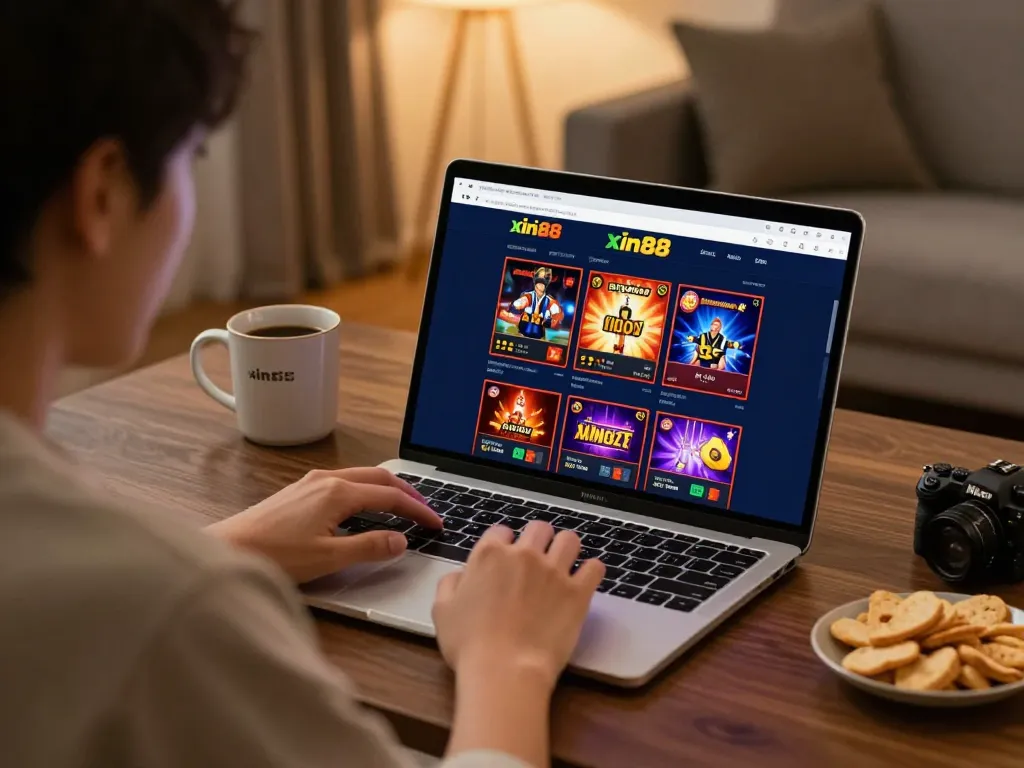 Person using nhà cái xin88 for online betting on a laptop, showing engaging game interface and cozy home setup.