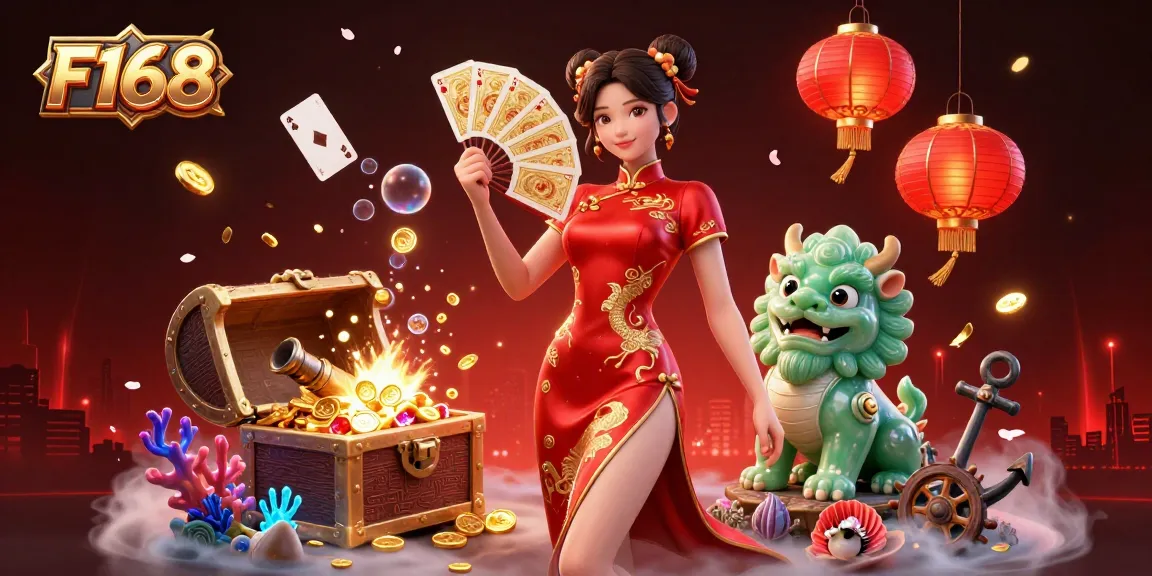 Spin the wheels at F168, showcasing an enchanting woman in a crimson dress and vibrant gaming elements.