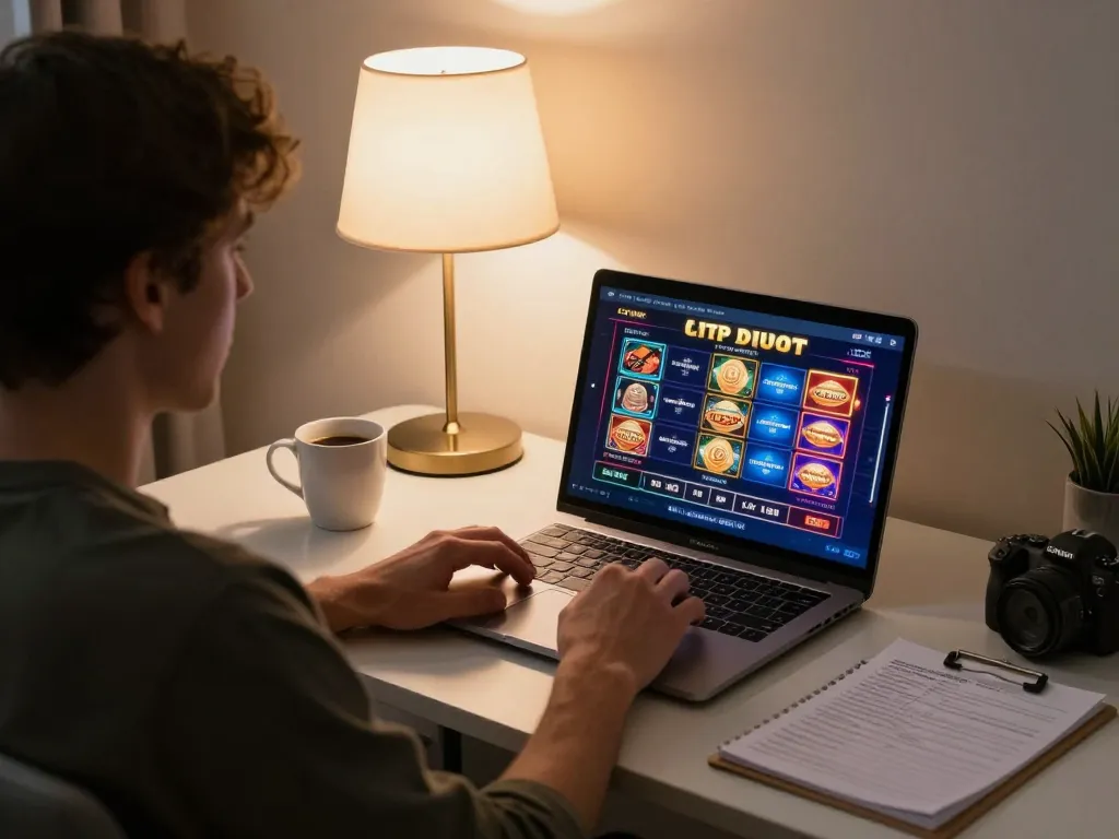 Engaging in online slots at XX88 from a cozy home setting with strategy notes nearby