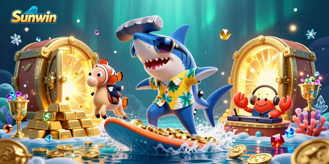 Experience the thrill of gambling with Sunwin in this vibrant underwater scene filled with riches.