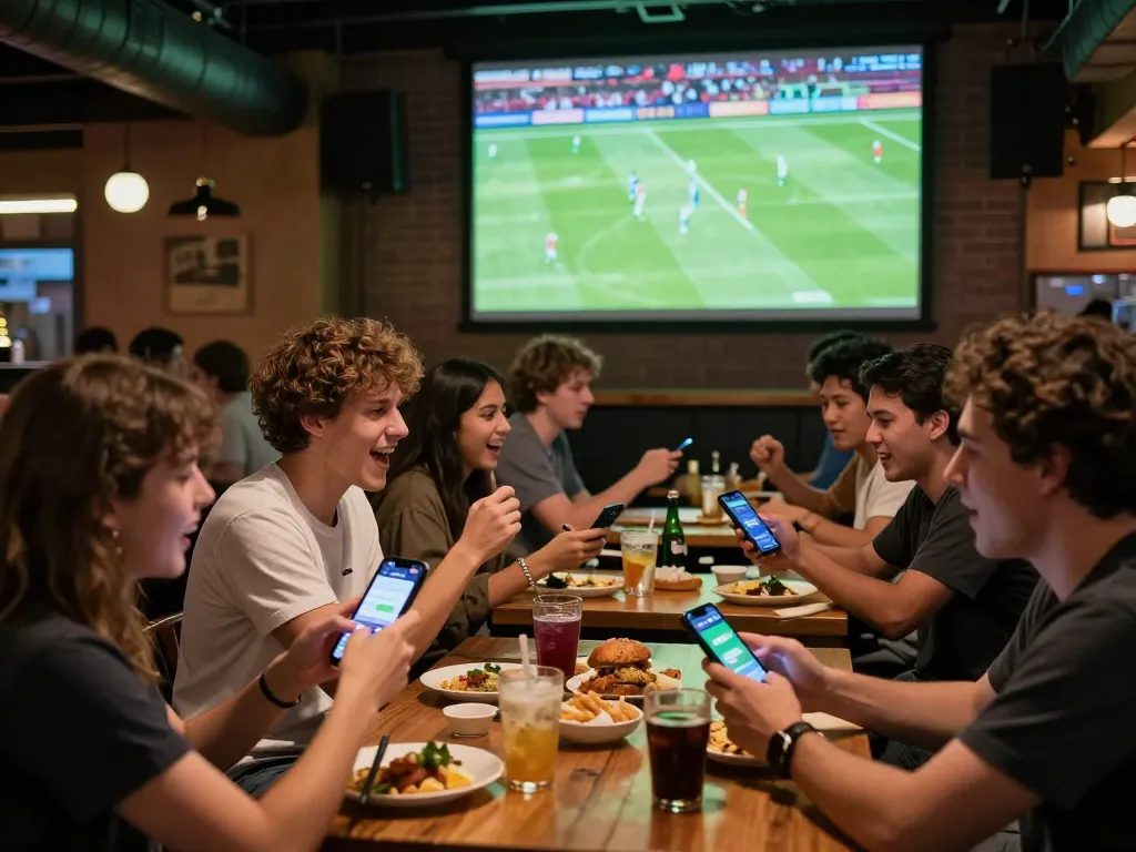 Fans engaging in football betting at a lively sports bar during a match, showcasing excitement.