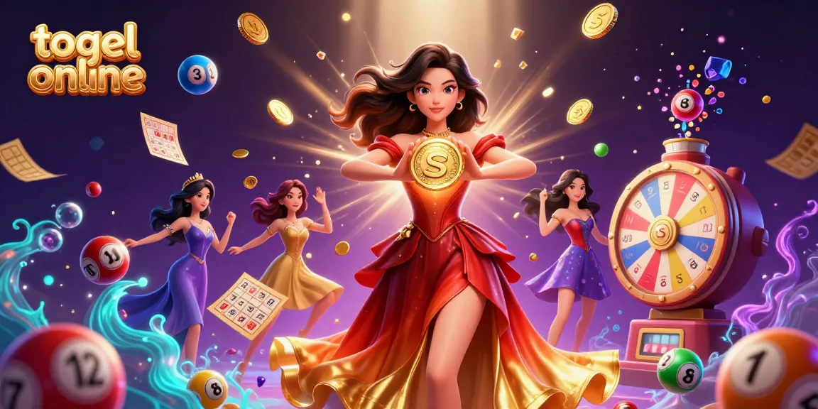 Experience thrilling togel online action with a stunning illustration of a woman showcasing a golden coin amidst colorful lottery elements.