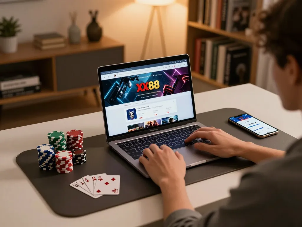 Gambling on the XX88 platform at home, showcasing a modern setup of poker chips and online gaming interface.
