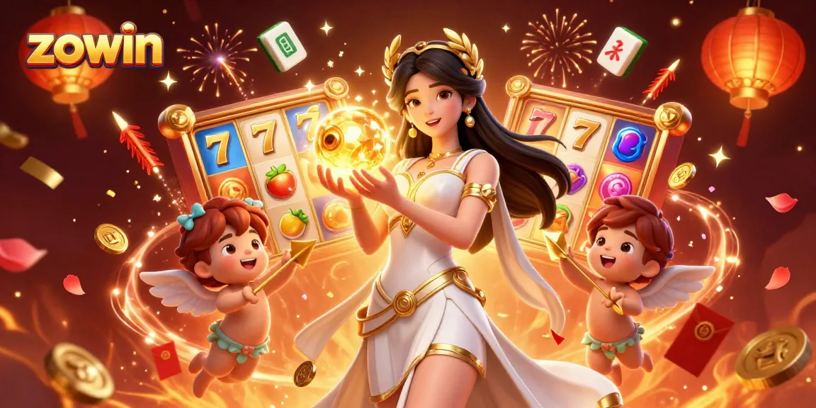 Zowin's captivating online casino promotion showcases a glamorous goddess with slot reels and golden symbols.