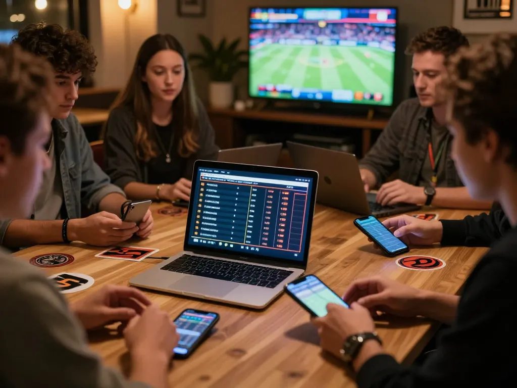A sports betting setup analyzing Tỷ Lệ Kèo with friends discussing strategies and betting lines.