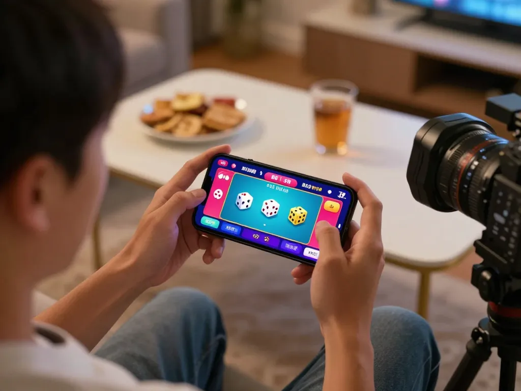 Player enjoying tai xiu online game on smartphone amidst cozy home setup with snacks and drinks.