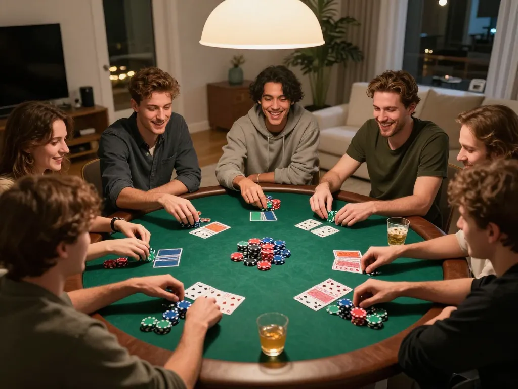 Friends enjoying a fun home poker night with nhà cái 79king gaming elements, showcasing excitement and camaraderie.