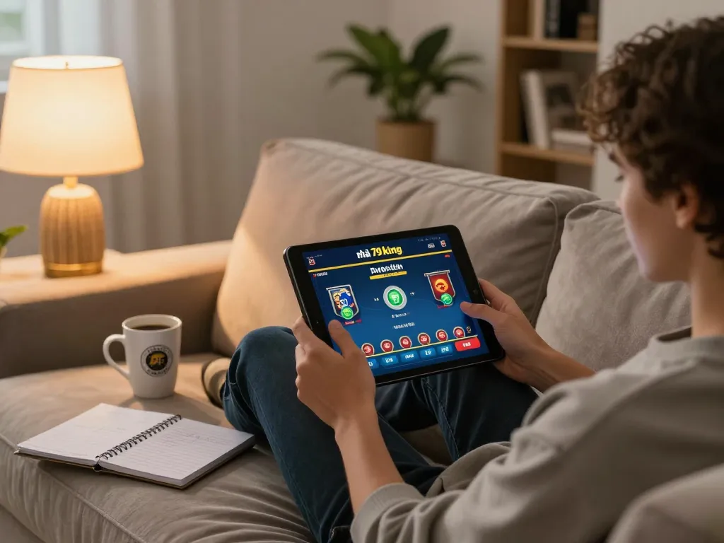 Engaged player using nhà cái 79king app for online gaming while seated comfortably at home.