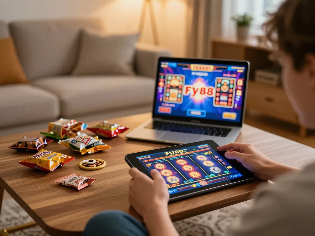Engaged user playing fly88 slots on a tablet in a cozy, warm-lit home environment