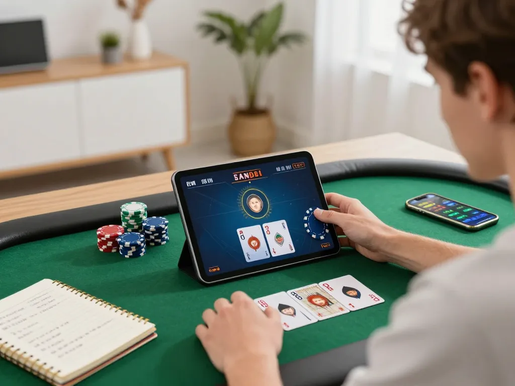 Engaging scene of home poker game with SC88 strategies on tablet, showcasing dynamic gameplay.