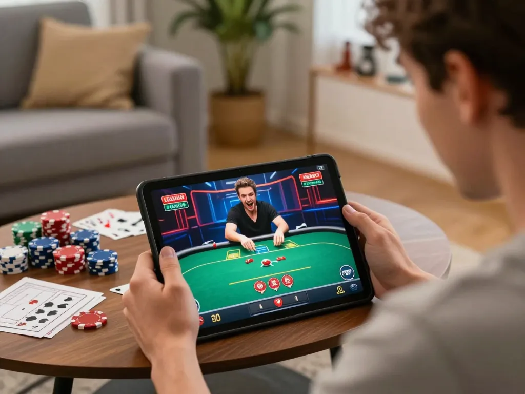 Player enjoying an online poker game on tablet, showcasing excitement while strategizing in comfortable home setting, 90P.