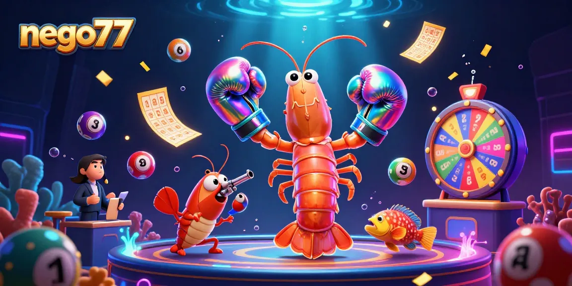 Nego77 enhances gaming excitement with vibrant lottery elements and dynamic characters in a lively casino scene.