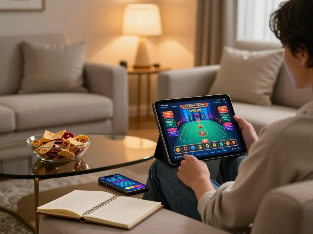 sunwin online gaming experience with player enjoying live dealer game on tablet in cozy living room