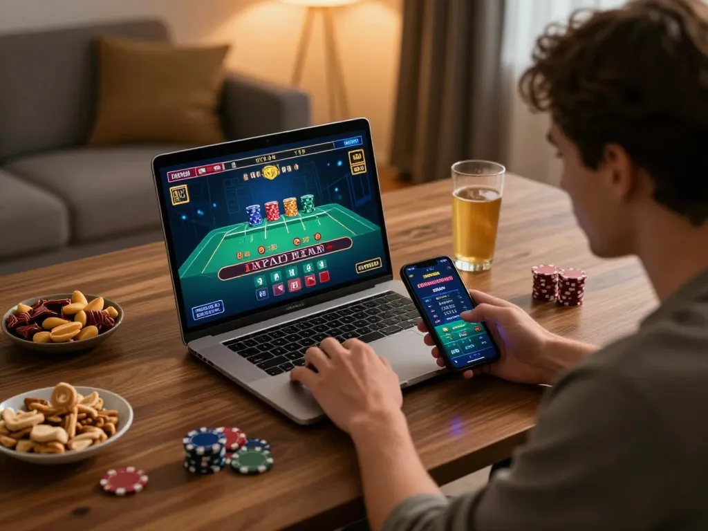 hb88 player engaging in live dealer blackjack at home, showcasing strategic gaming environment.