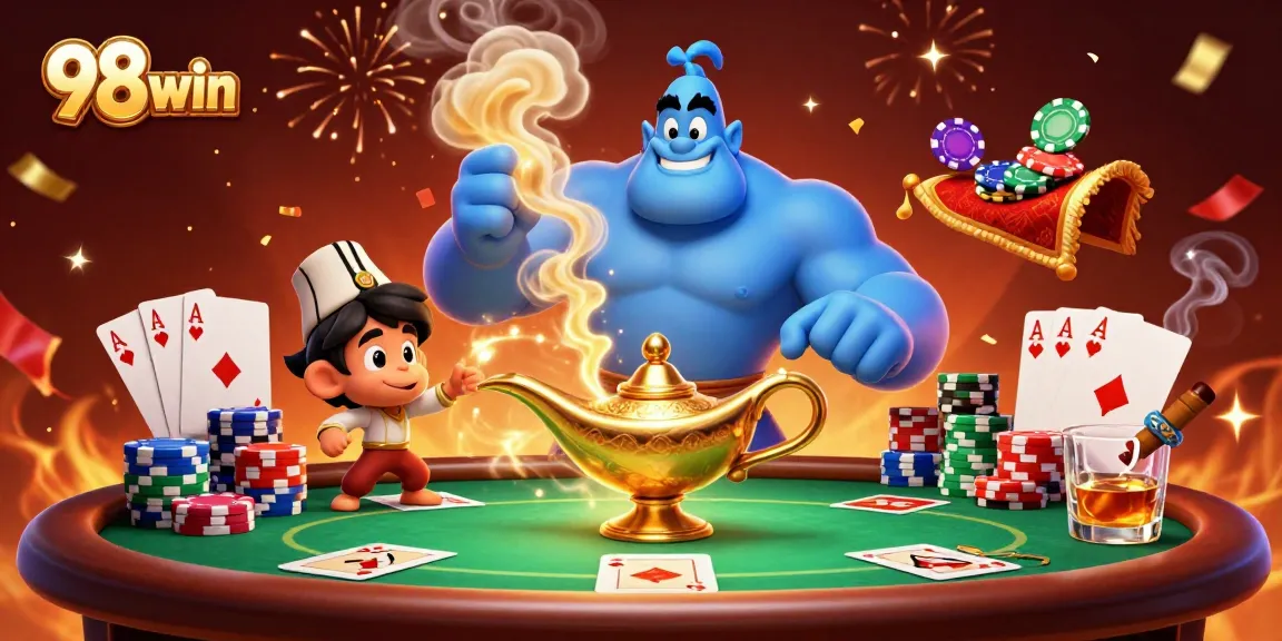 Experience excitement at 98win with a vibrant casino-themed 3D illustration featuring poker dynamics.